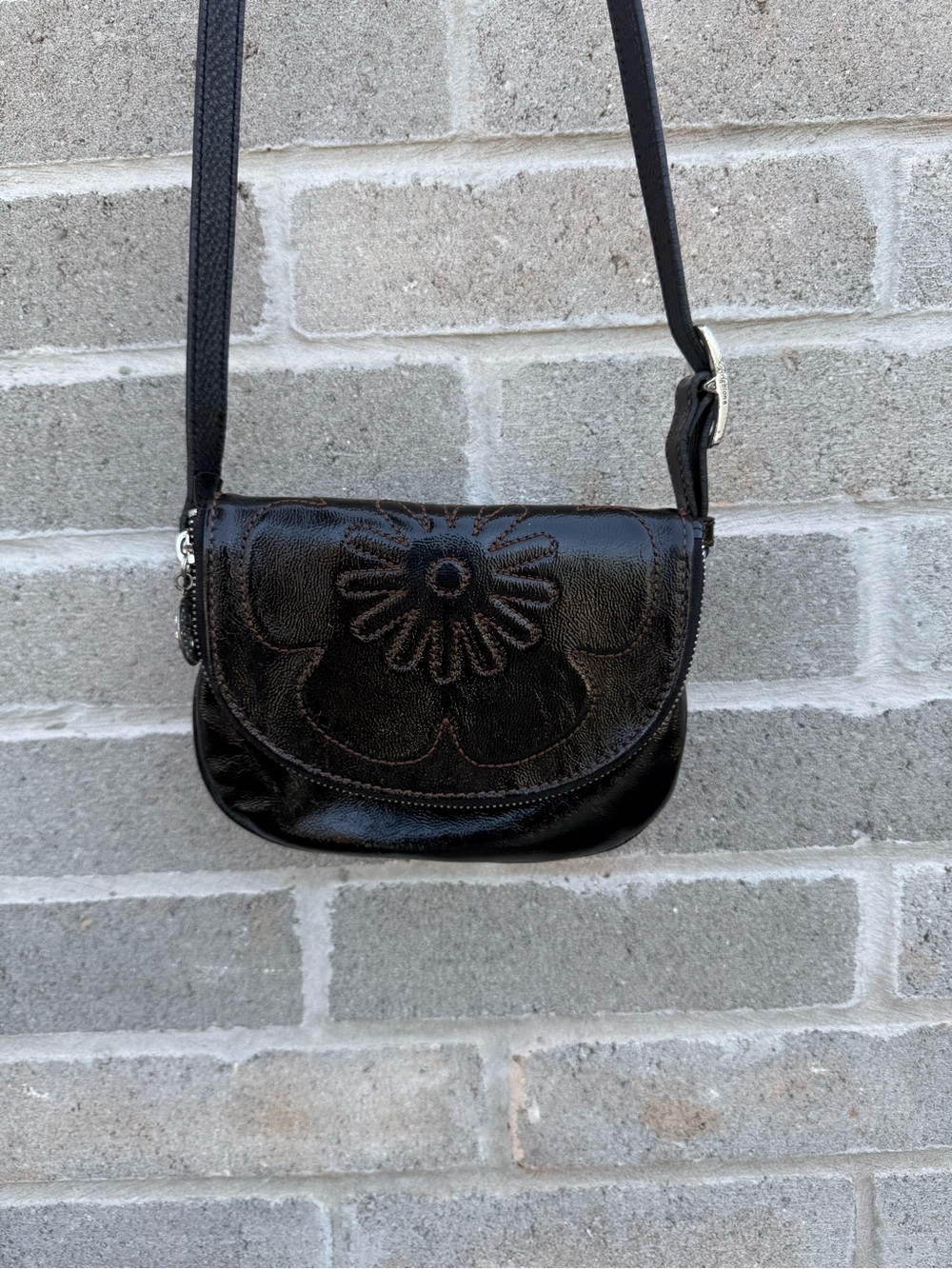 Brighton Black Floral Applique Leather Crossbody